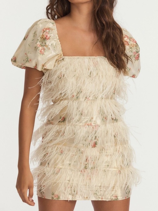 LoveShackFancy Dresses & Skirts - LoveShackFancy Beryl Feather Mini Dress in Golden Fog Size 0